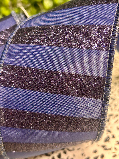 2.5 Inch By 10 Yard Navy Blue Horizontal Glitter Stripes Ribbon