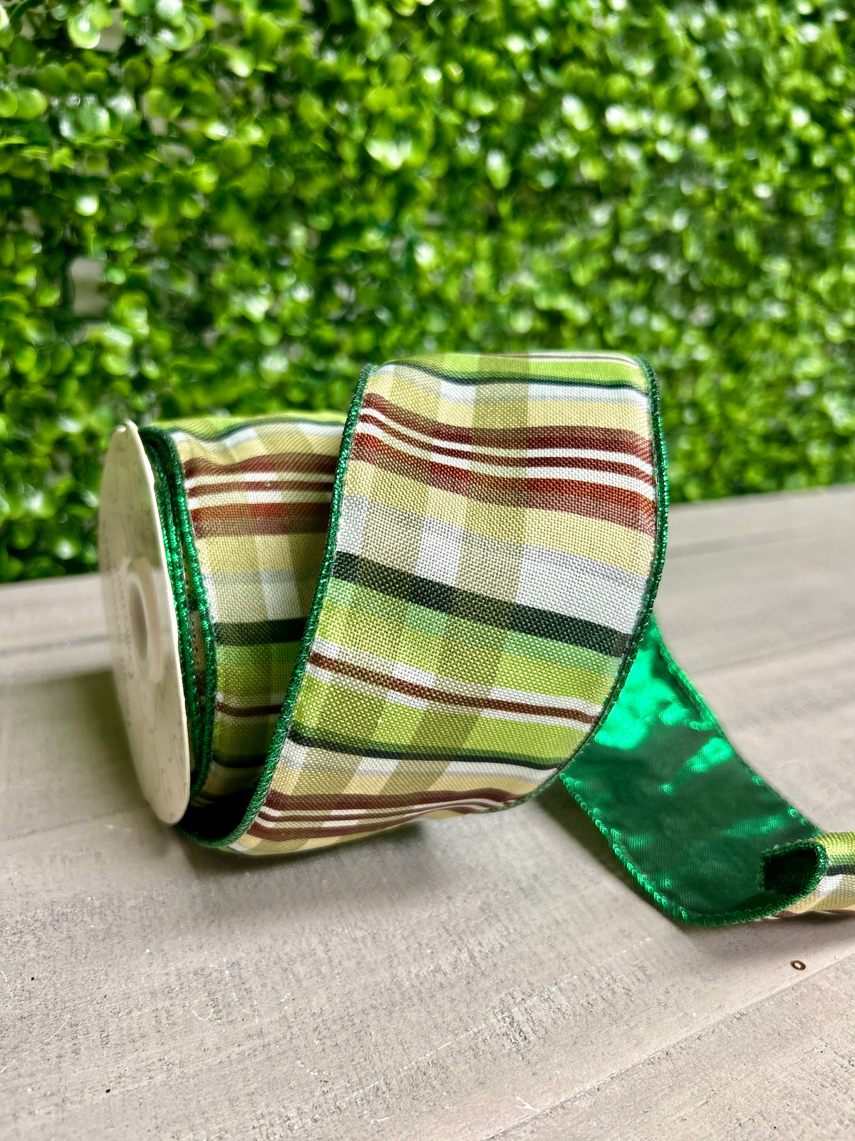 David Christopher's 2.5 Inch By 10 Yard Shades Of Green With Brown Plaid Ribbon