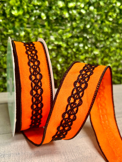 1.5 Inch By 10 Yard Orange And Black Lace On Faux Royal Ribbon