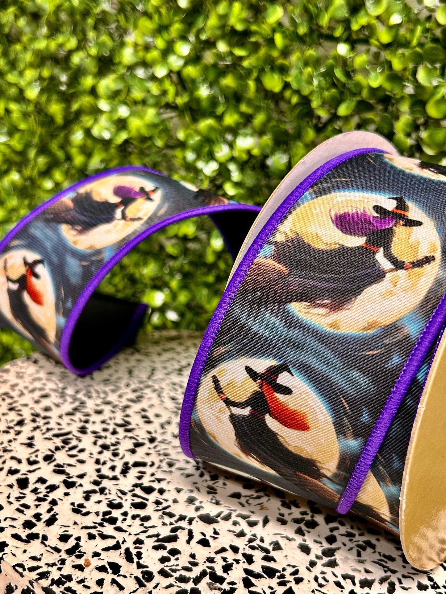 2.5 Inch By 10 Yard Black And Orange Witches Flying By Moon Fused Ribbon