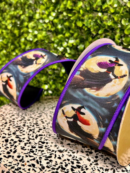 2.5 Inch By 10 Yard Black And Orange Witches Flying By Moon Fused Ribbon