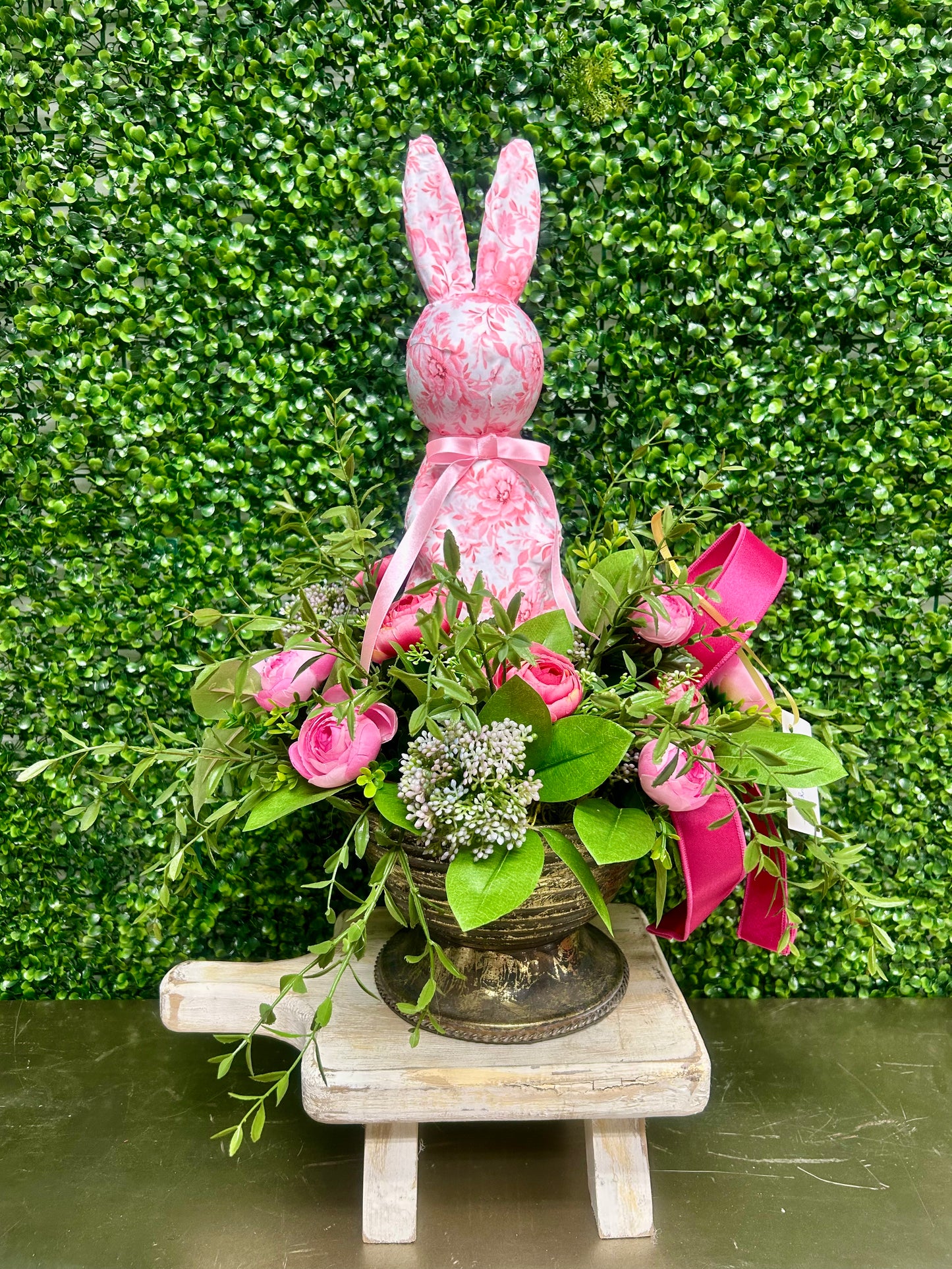 Pink And White Floral Bunny Arrangement By Angela At Barrel Of Wreaths Designs