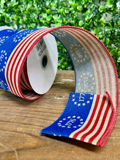 2.5 Inch By 10 Yard Natural Red And Blue 1776 Stars And Stripes Ribbon