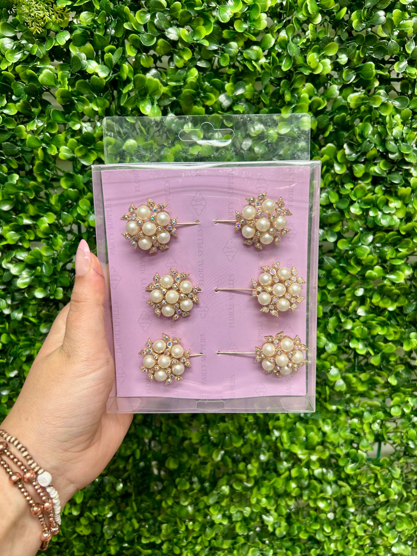 1.5 Inch Gold Rhinestone And Pearl Floral Pins Six Pack