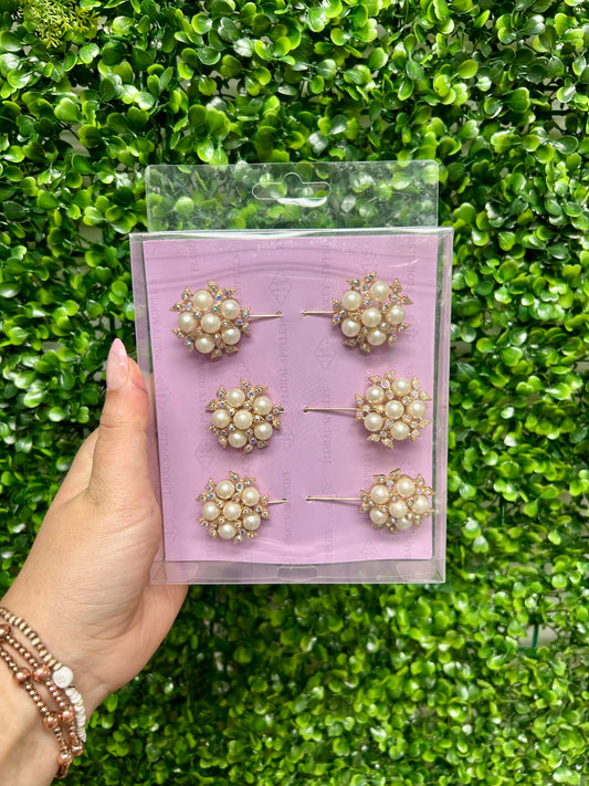 1.5 Inch Gold Rhinestone And Pearl Floral Pins Six Pack