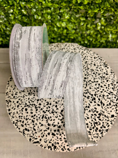 1.5 Inch By 10 Yard White And Silver Glitter Metallic Streaks Ribbon