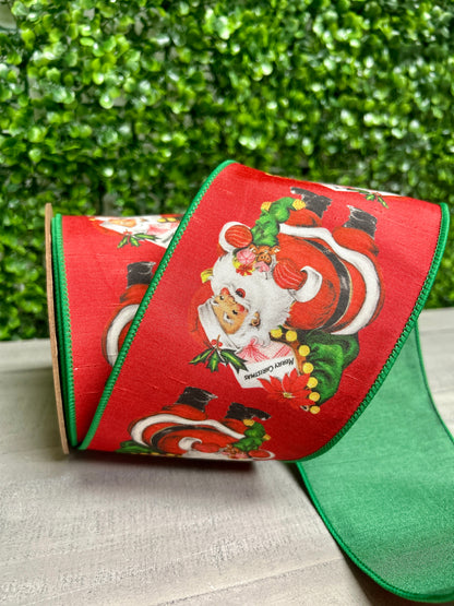 4 Inch By 10 Yard Retro Santa With Green Backing Ribbon
