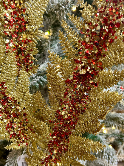 34 Inch Gold And Red Jumbo Glitter Sequin Fern Spray
