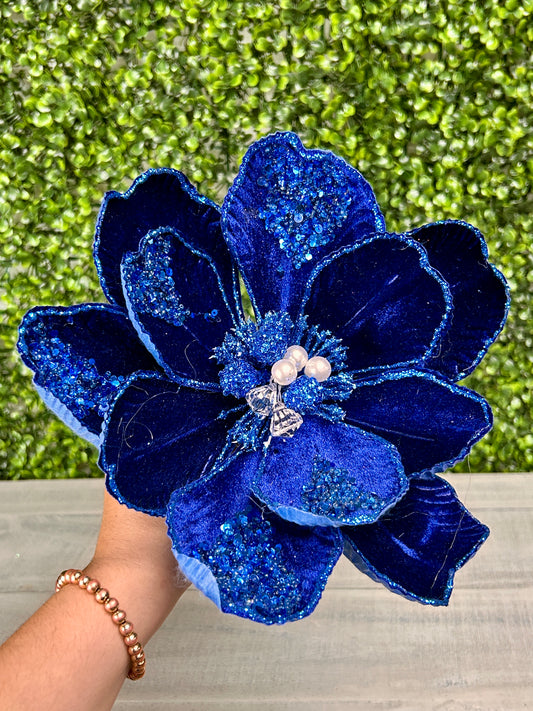 22 Inch Royal Blue Glitter Sequin Bead Magnolia Stem