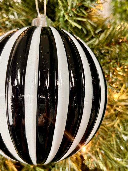 6 Inch Black And White Vertical Striped Ball Ornament