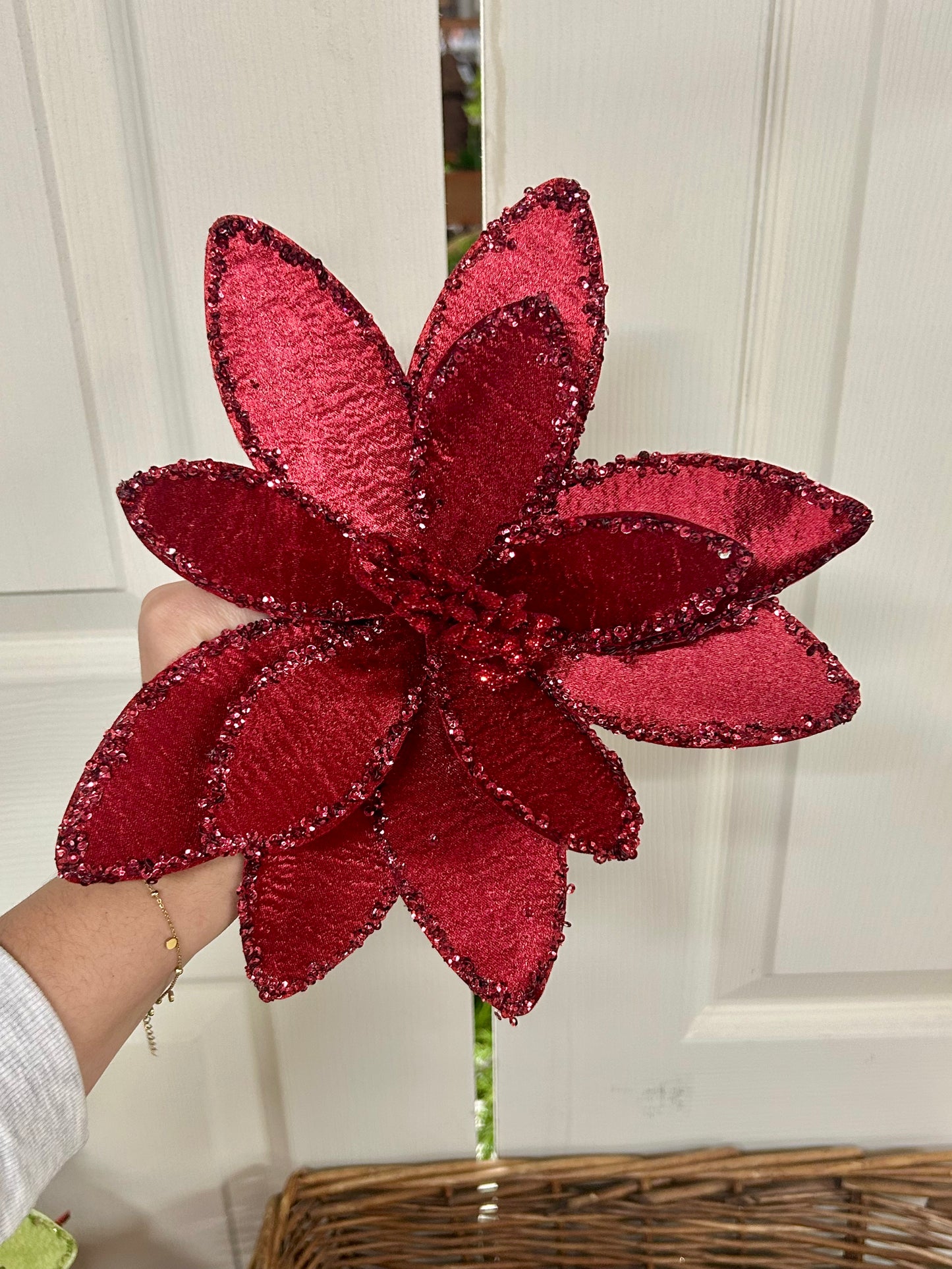 20 Inch Burgundy Satin And Glitter Poinsettia