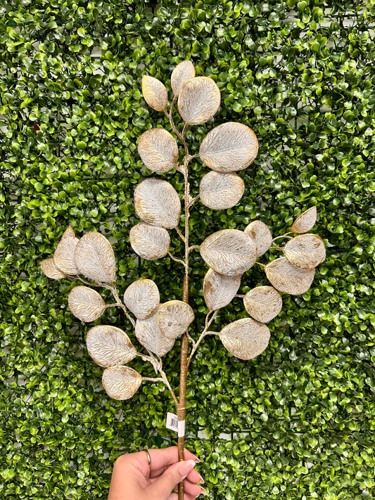 24 Inch Gold Eucalyptus Leaf Spray With Frost
