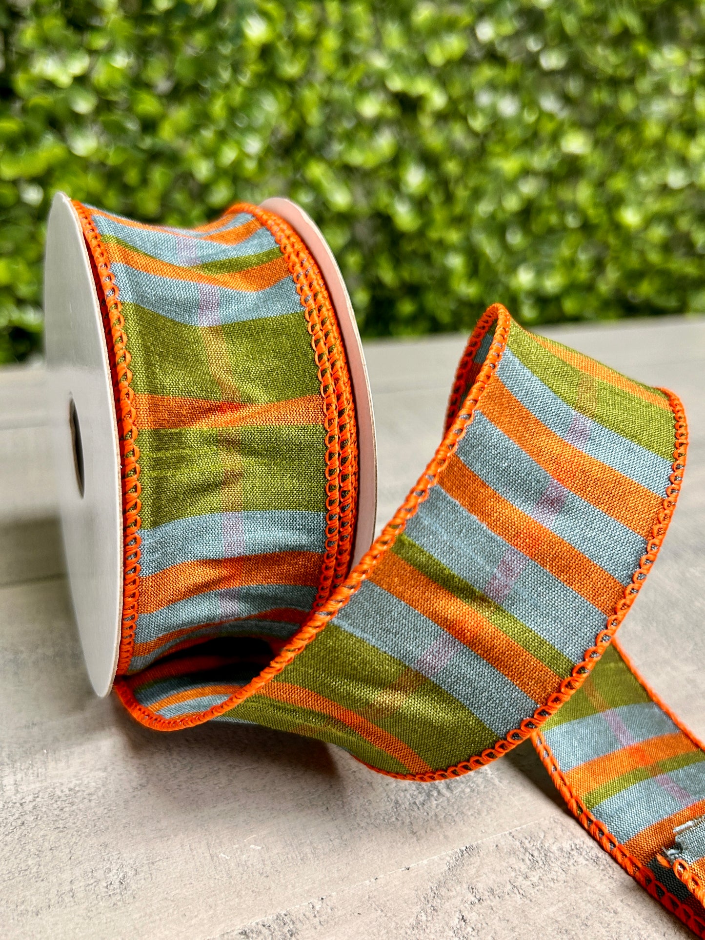 1.5 Inch By 10 Yard Moss Green Orange And Smoke Blue Faux Dupinoi Plaid Ribbon