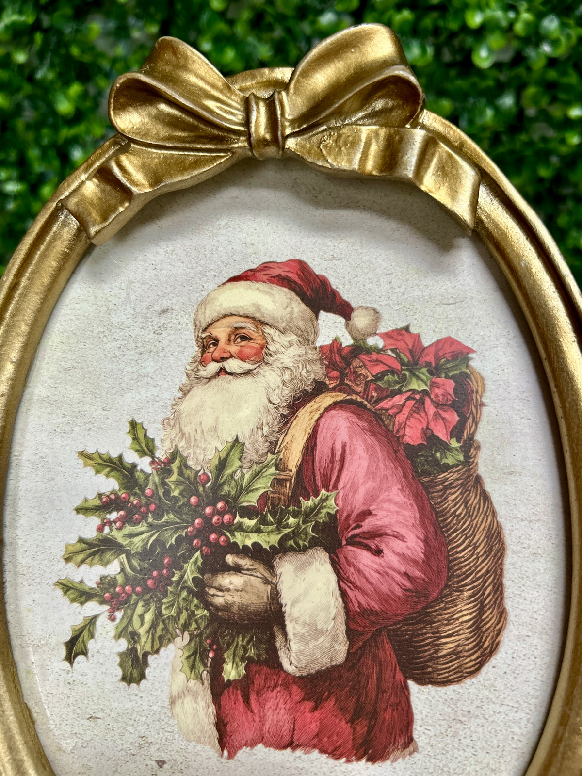 7.88 Inch Resin And Wood Oval Santa Plaque With Bow And Easel Two Styles