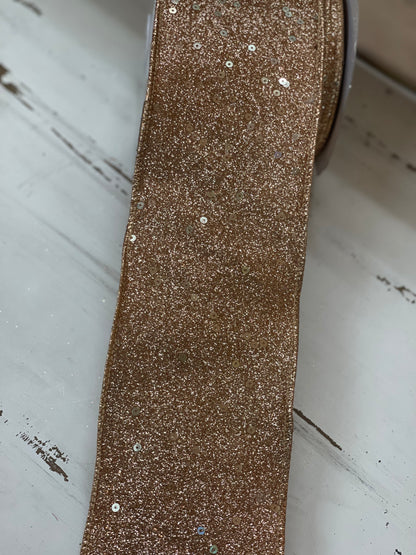 4 Inch By 10 Yard Rose Gold Background With Gold Sequin Ribbon