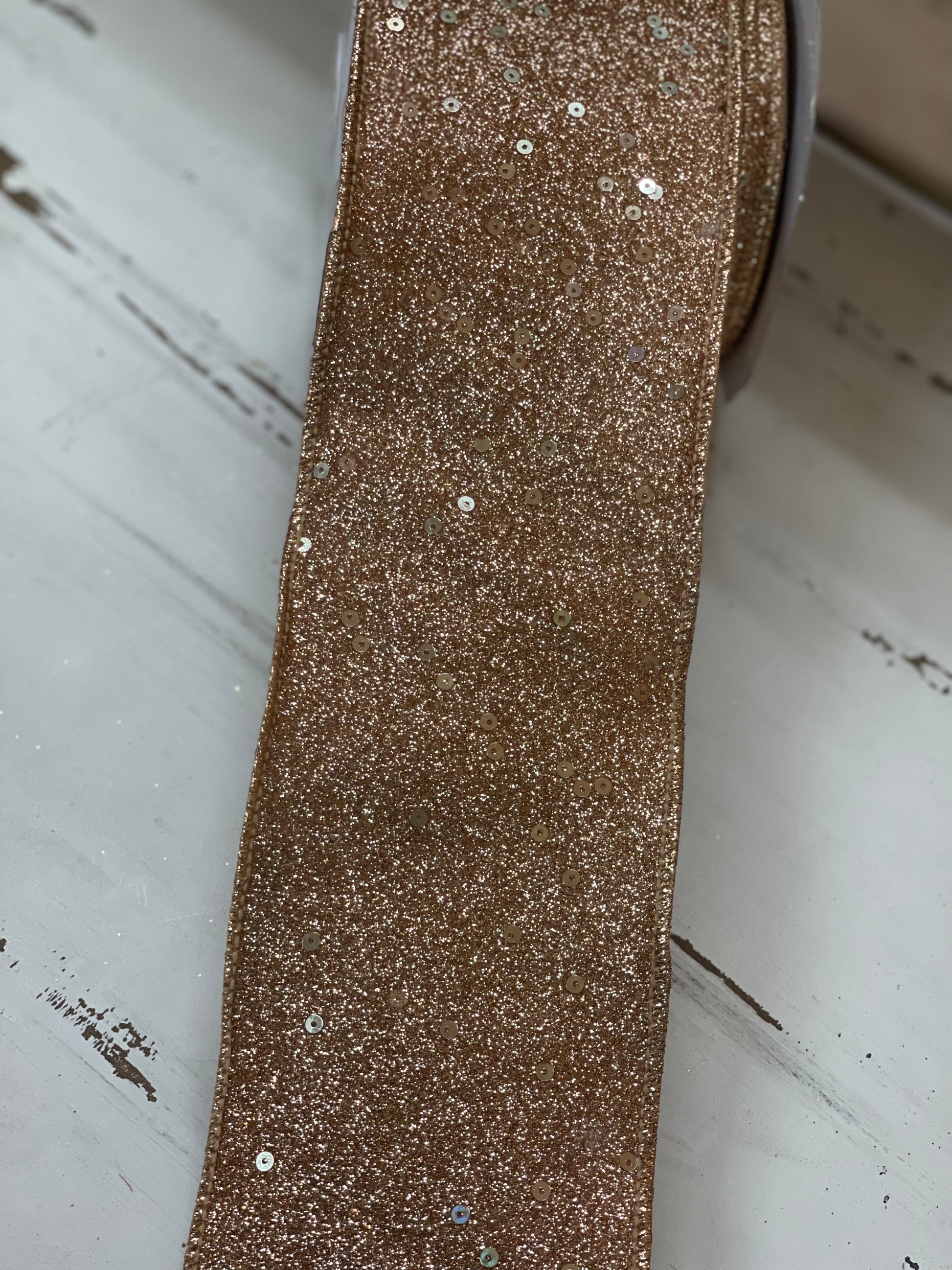 4 Inch By 10 Yard Rose Gold Background With Gold Sequin Ribbon – TMIGifts