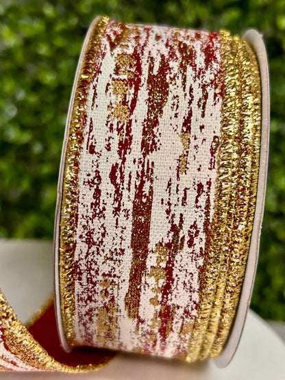 1.5 Inch By 10 Yard Cranberry Cream And Gold Glitter Metallic Streaks Ribbon