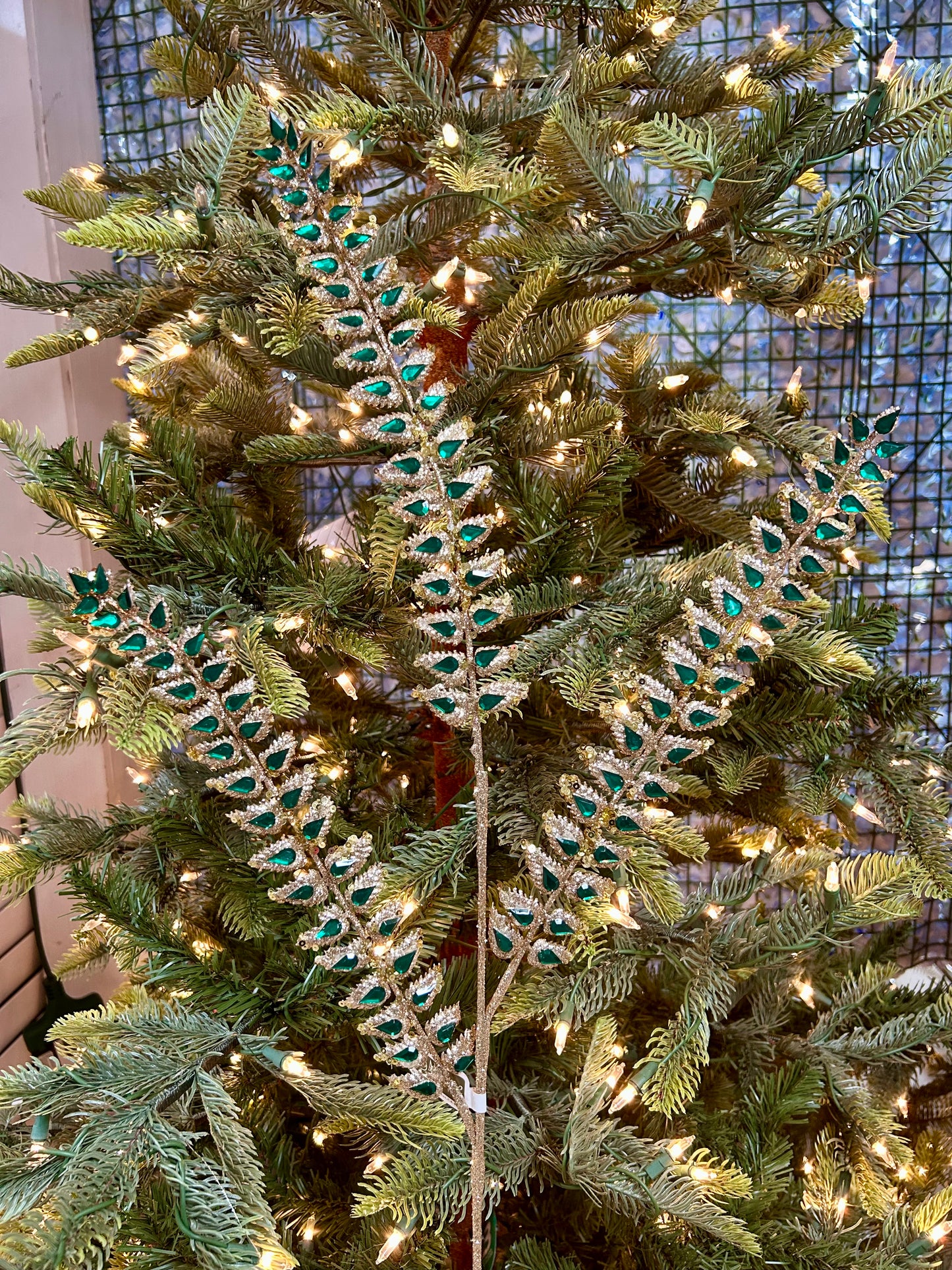 34.5 Inch Green Glittered Rhinestone Mini Leaf Spray