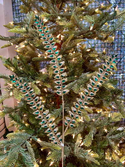 34.5 Inch Green Glittered Rhinestone Mini Leaf Spray