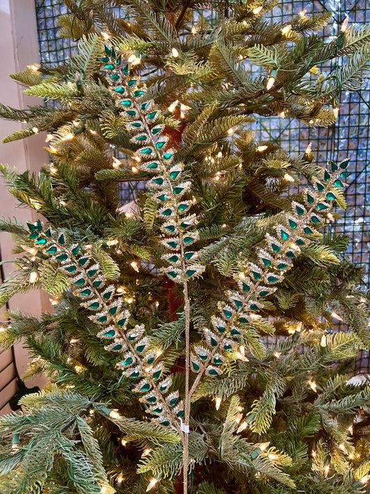 34.5 Inch Green Glittered Rhinestone Mini Leaf Spray