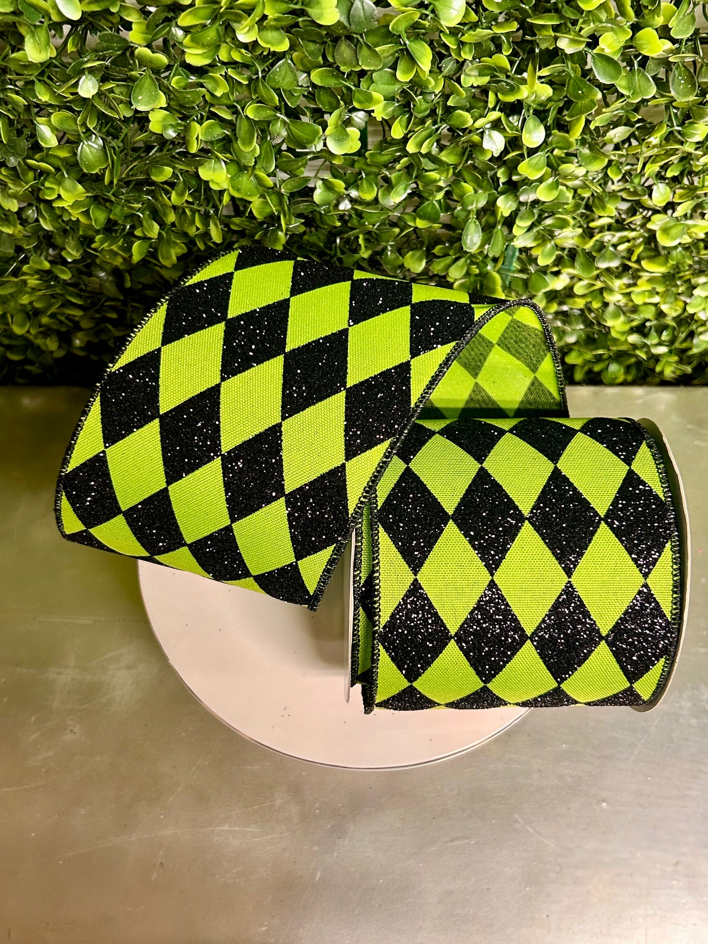 4 Inch By 10 Yard Lime Green And Black Harlequin Check Ribbon
