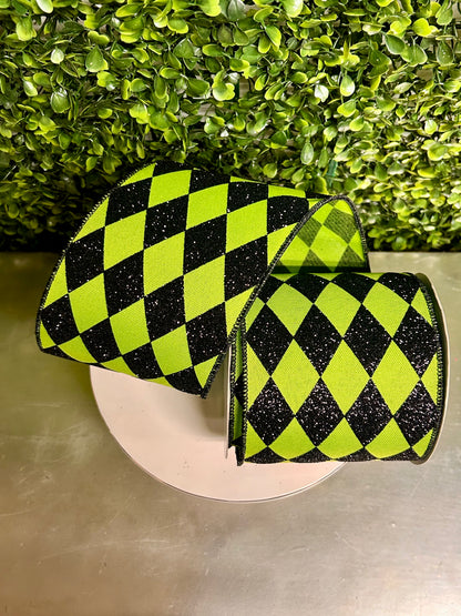 4 Inch By 10 Yard Lime Green And Black Harlequin Check Ribbon