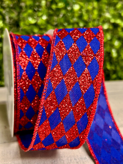 1.5 Inch By 10 Yards Royal Blue And Red Glitter Harlequin Ribbon
