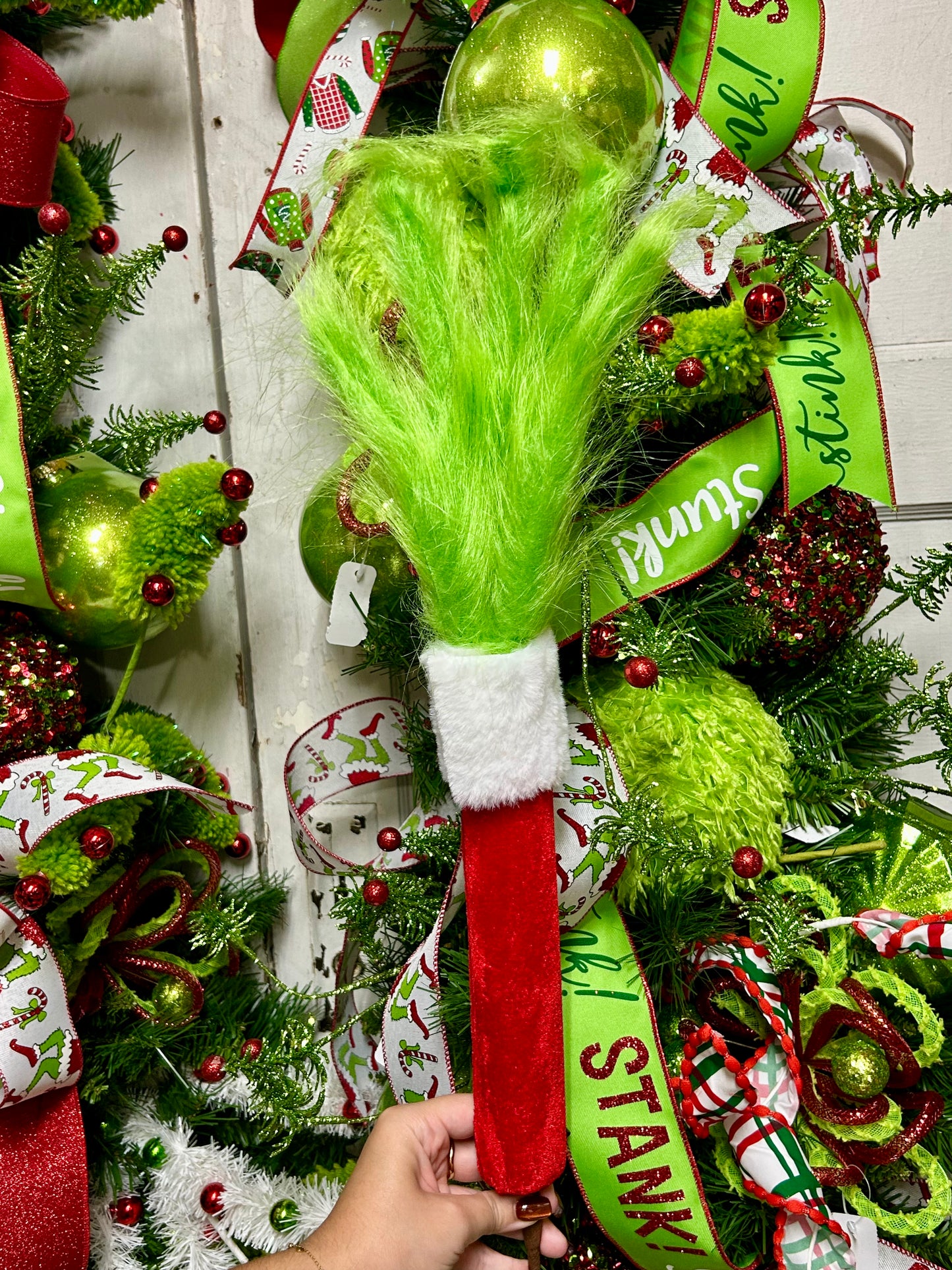 28 Inch Green White And Red Furry Fabric Velvet Arm And Hand Pick