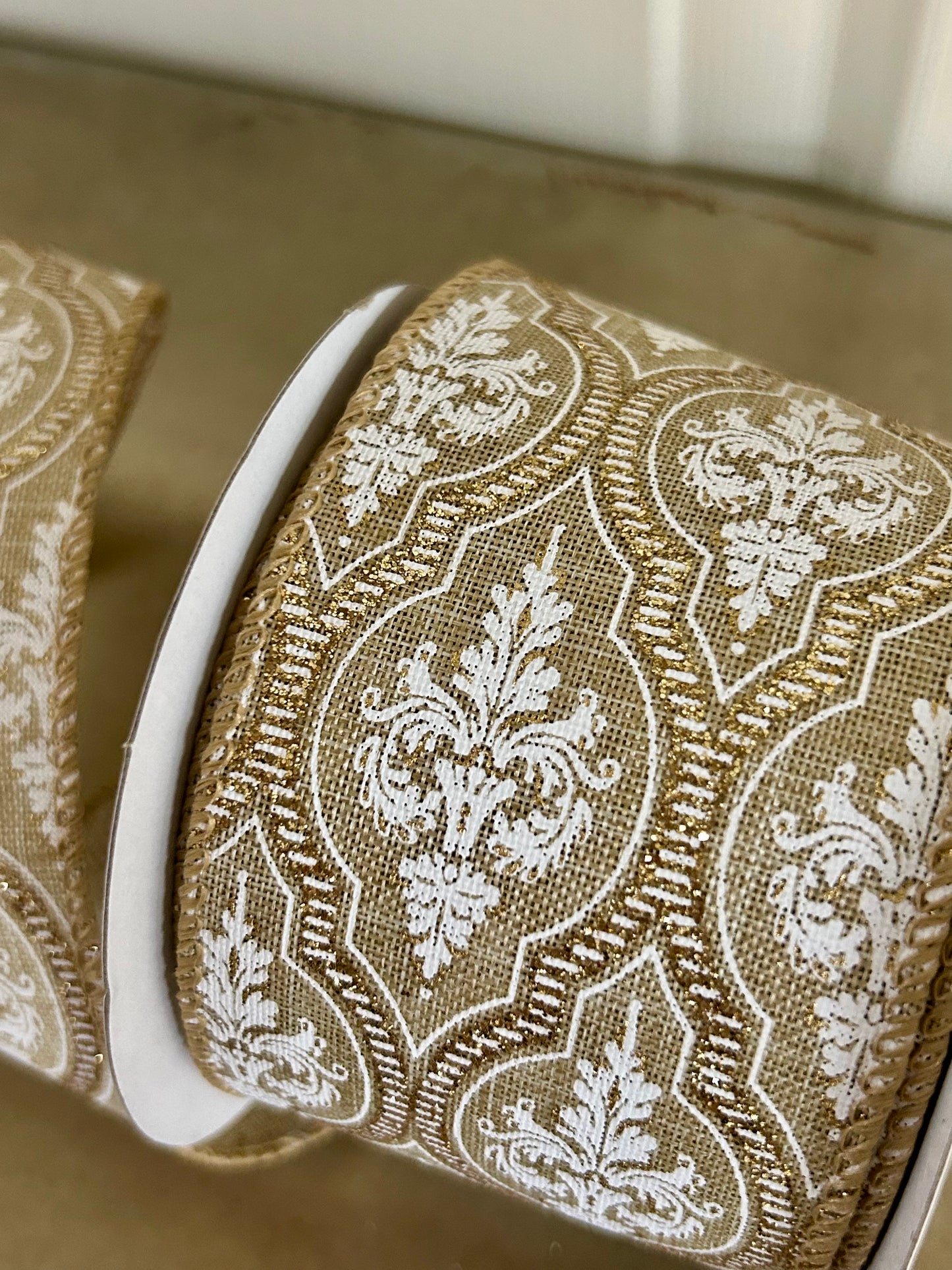 2.5 Inch By 10 Yard Natural Linen Demask Quatrefoil Ribbon