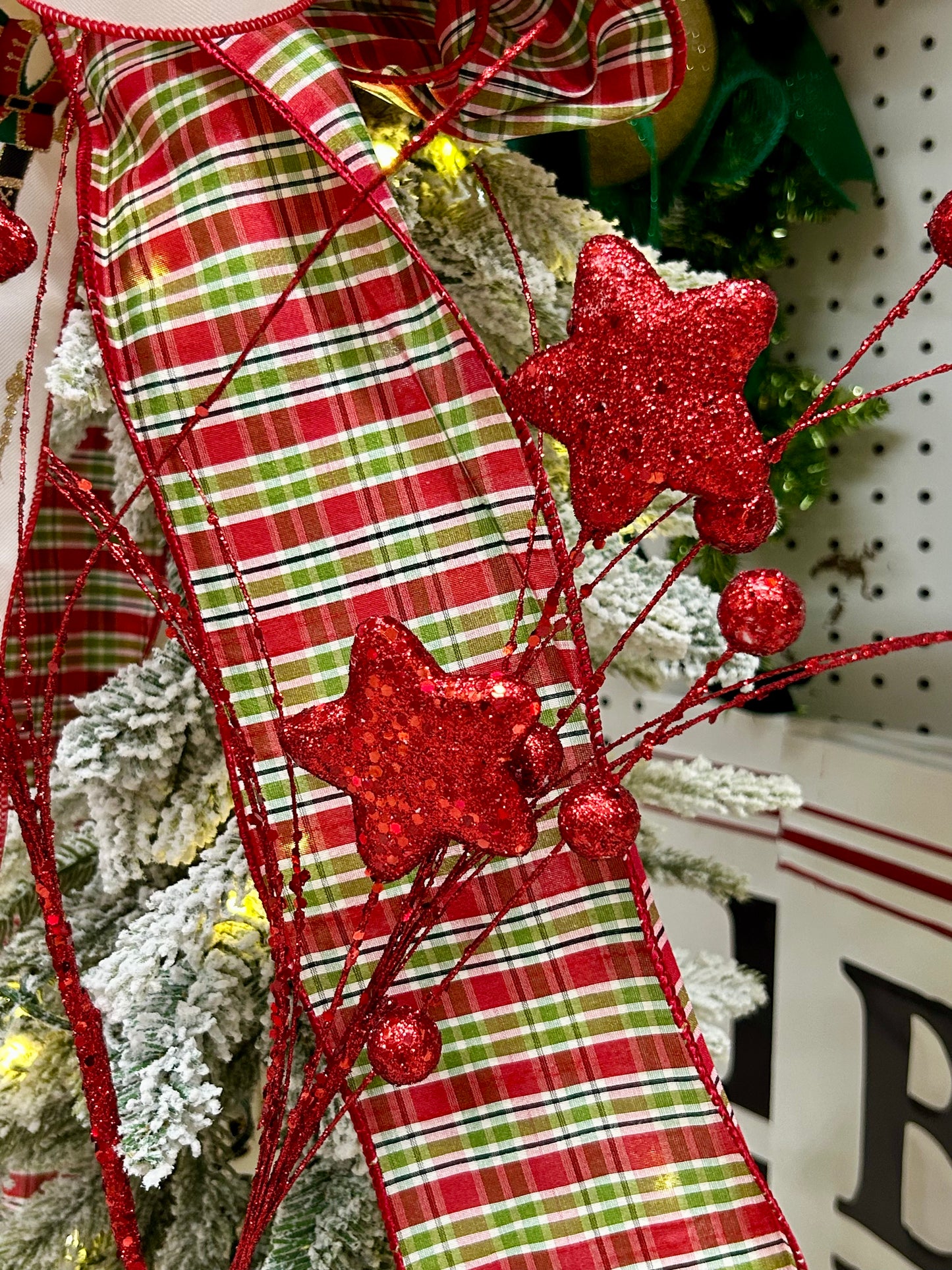 34 Inch Red Glitter Star Berry Pine Spray