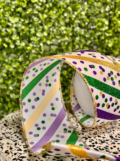 2.5 Inch By 10 Yard Mardi Gras Glitter Stripe With Confetti Dots Ribbon