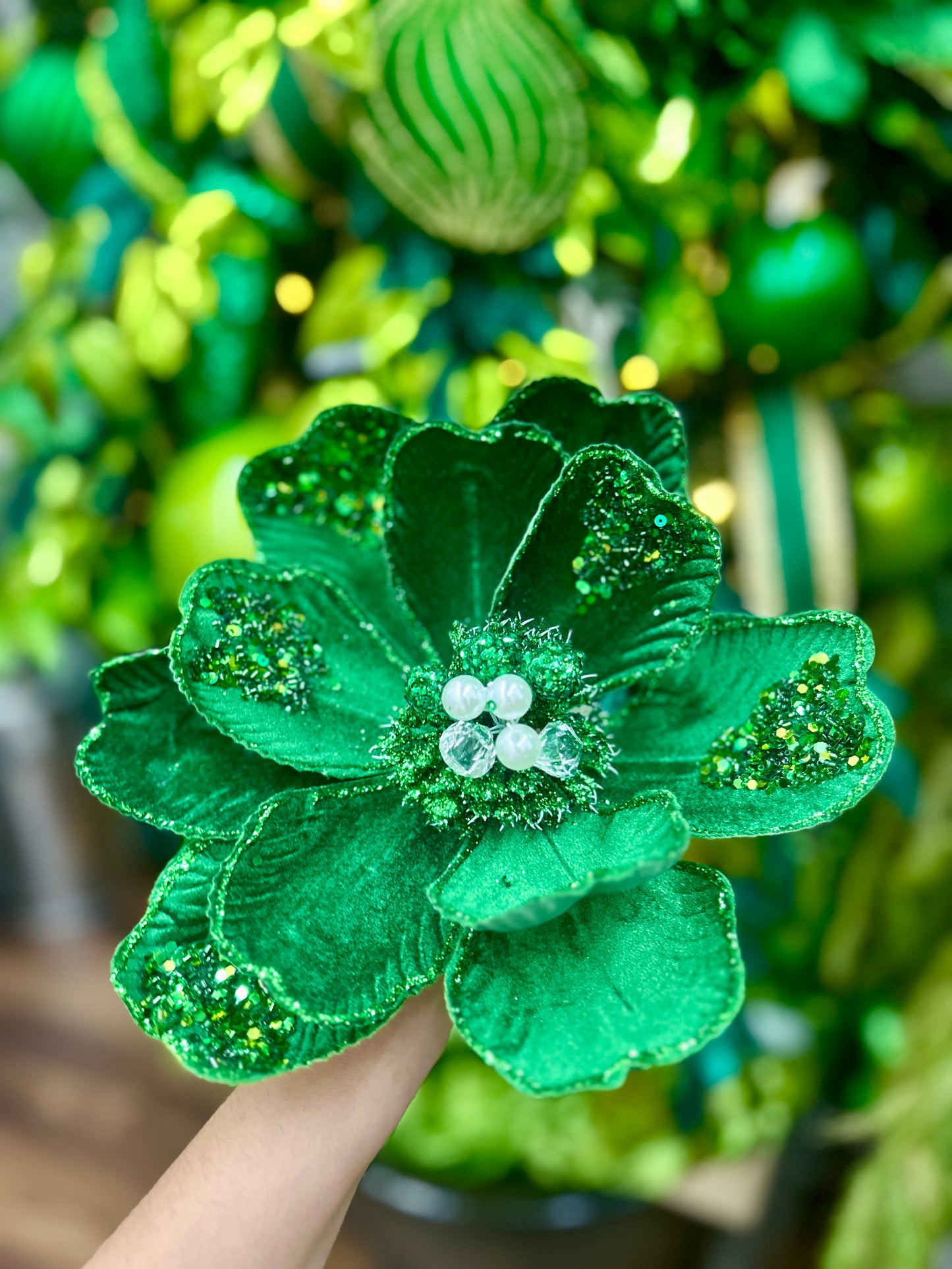 22 Inch Emerald Green Glitter Sequin And Bead Magnolia Spray