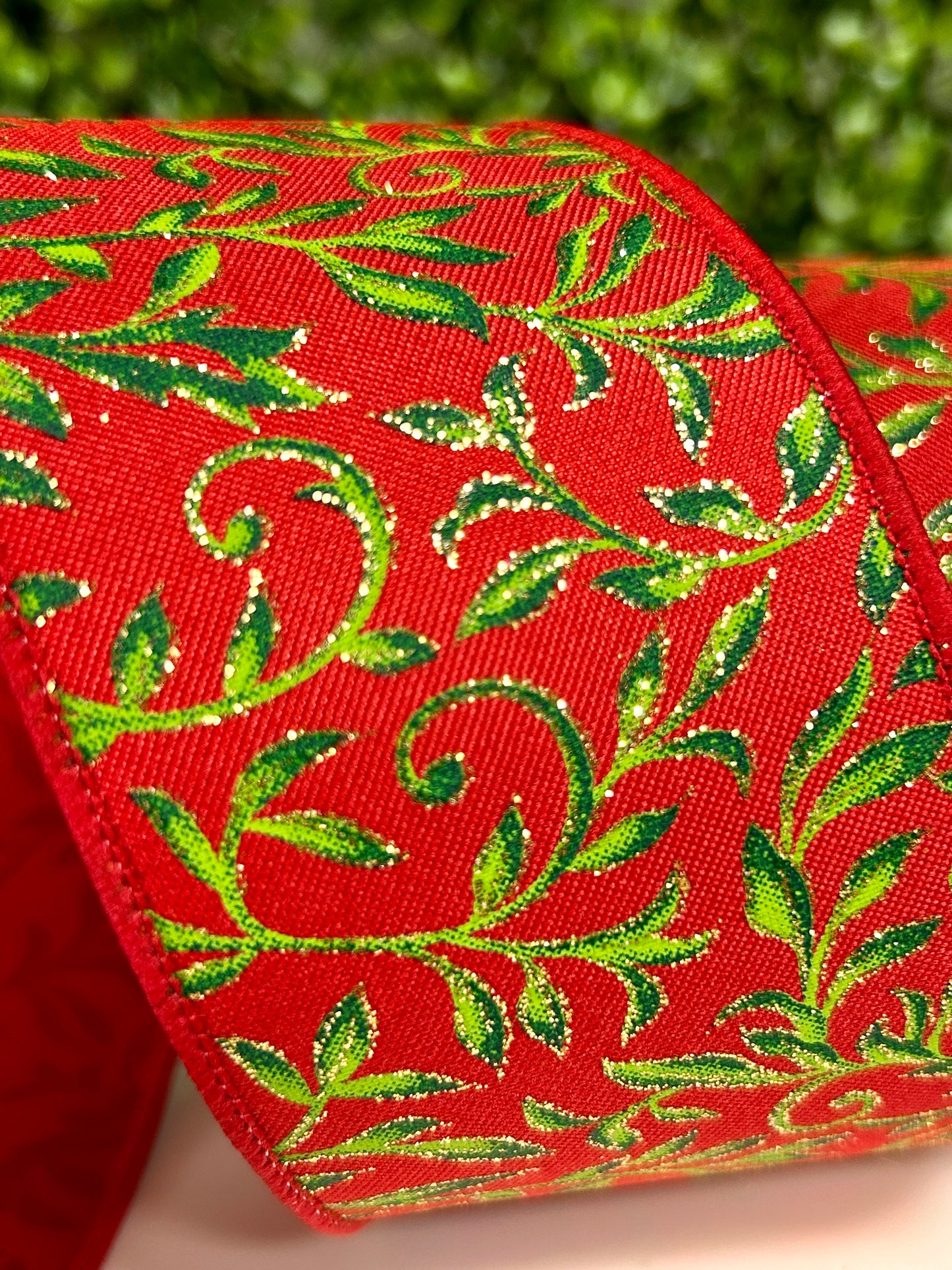 2.5 Inch By 10 Yard Red Green And Gold Tonal Leaves Ribbon