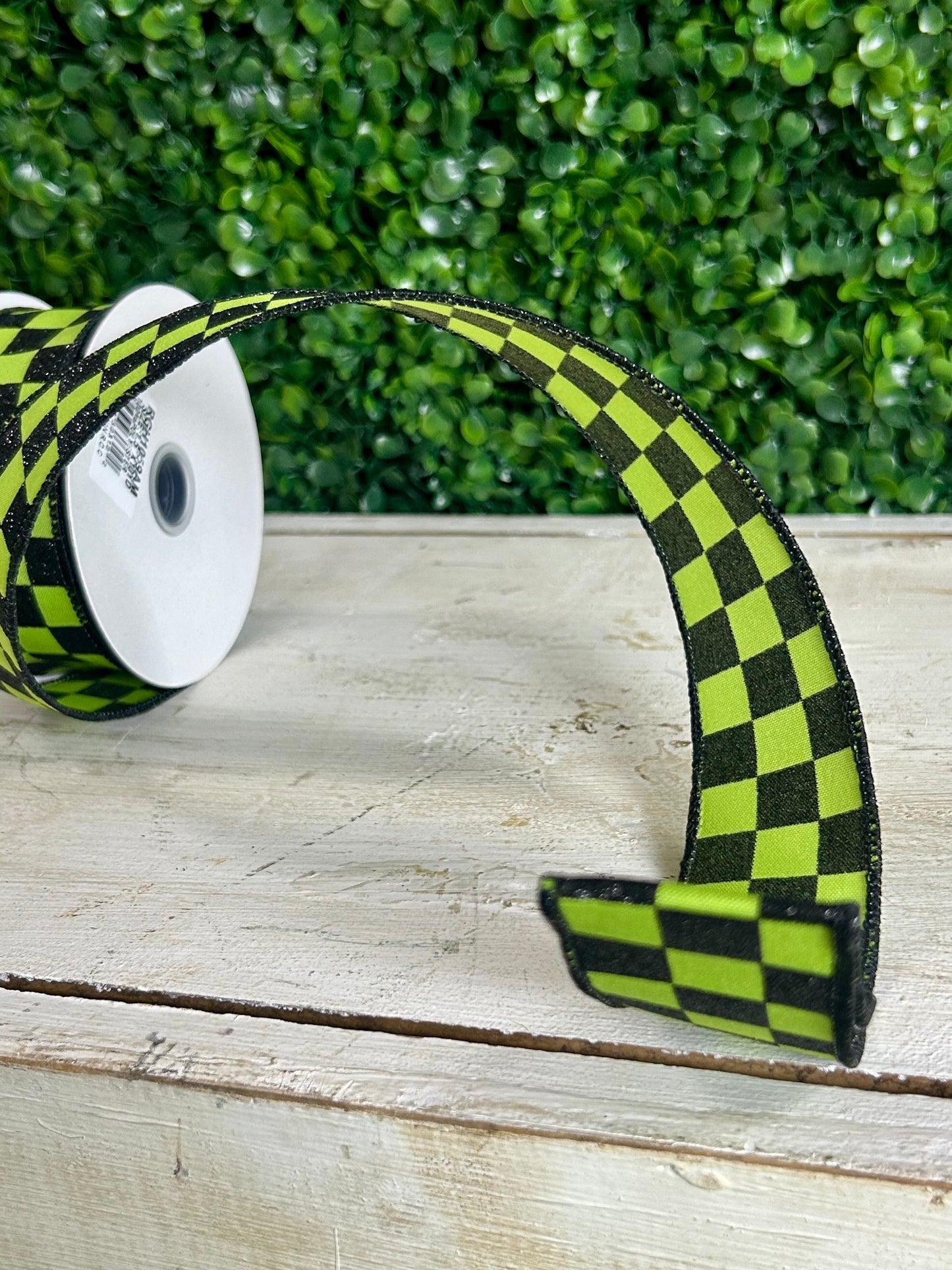1.5 Inch By 10 Yard Lime Green And Black Glitter Check Ribbon