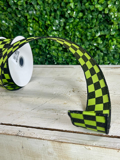 1.5 Inch By 10 Yard Lime Green And Black Glitter Check Ribbon