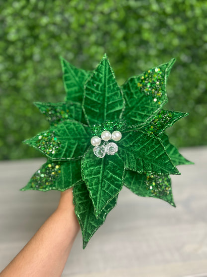 22 Inch Emerald Green Glitter And Sequin Poinsettia