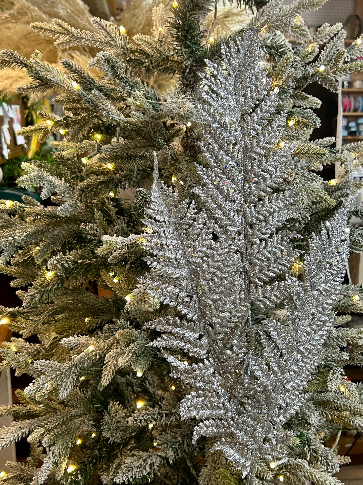 32 Inch Silver Shimmery Glitter Fern Spray