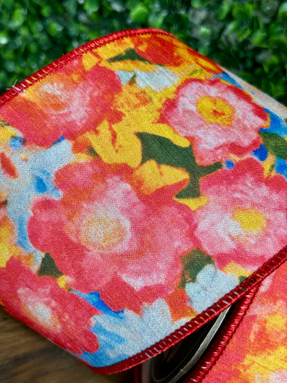 4 Inch By 10 Yard Fuchsia Flowers Colors Deluxe Dupioni Backed Wired Edge Ribbon