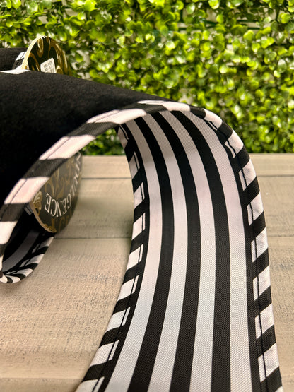 4 Inch By 5 Yard Black Velvet With White Black Cabana Stripe Ribbon