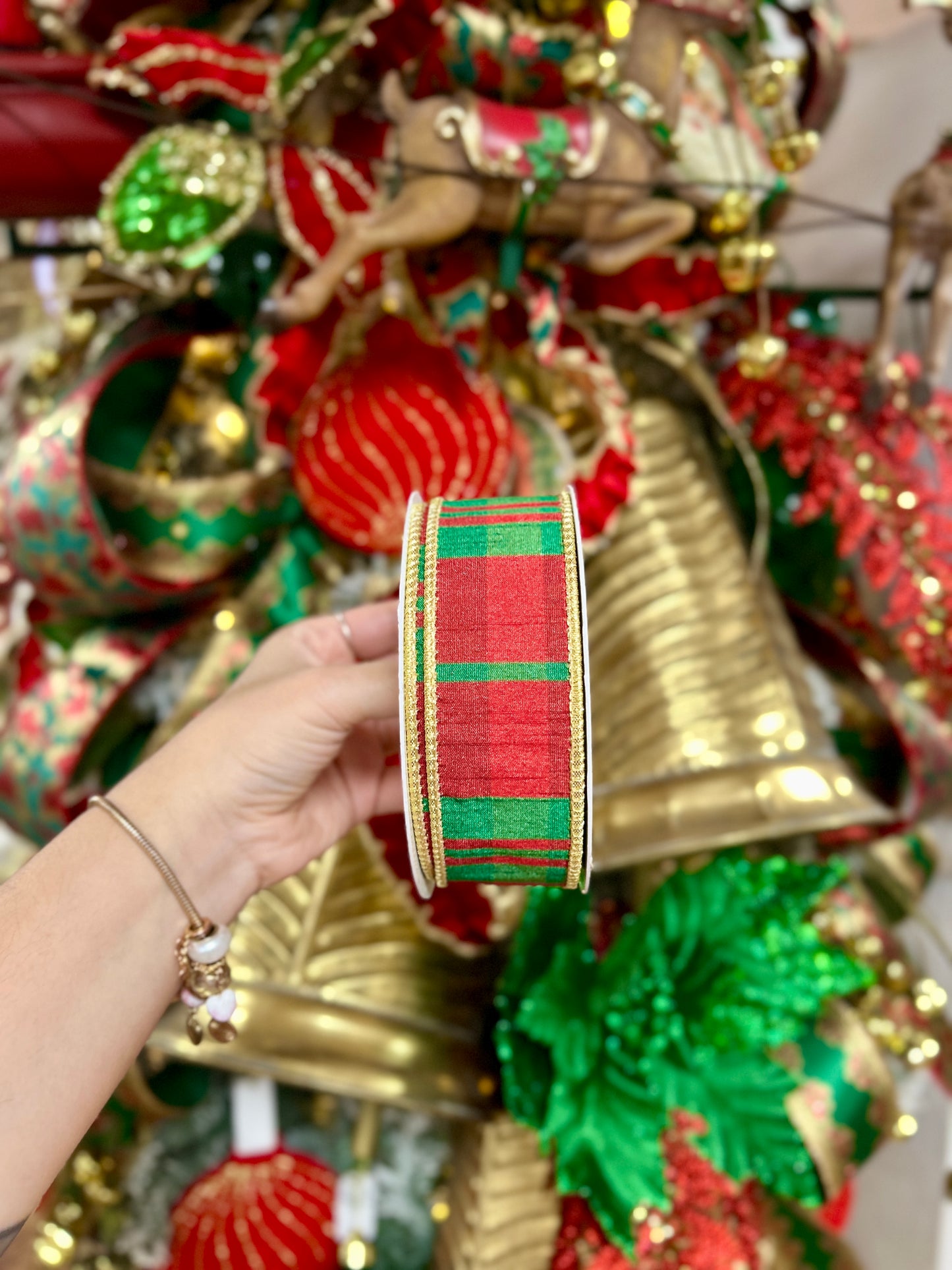 1.5 Inch By 10 Yard Modern Red And Green Christmas Plaid With Gold Back Ribbon