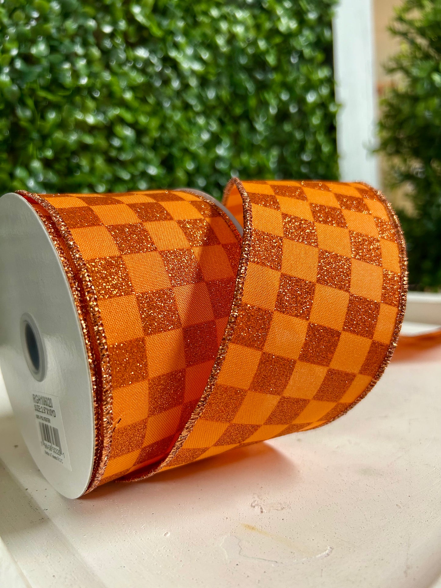 2.5 Inch By 10 Yard Orange Glitter Check Ribbon