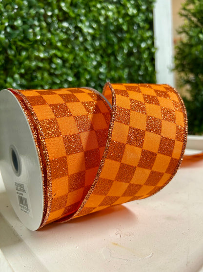 2.5 Inch By 10 Yard Orange Glitter Check Ribbon