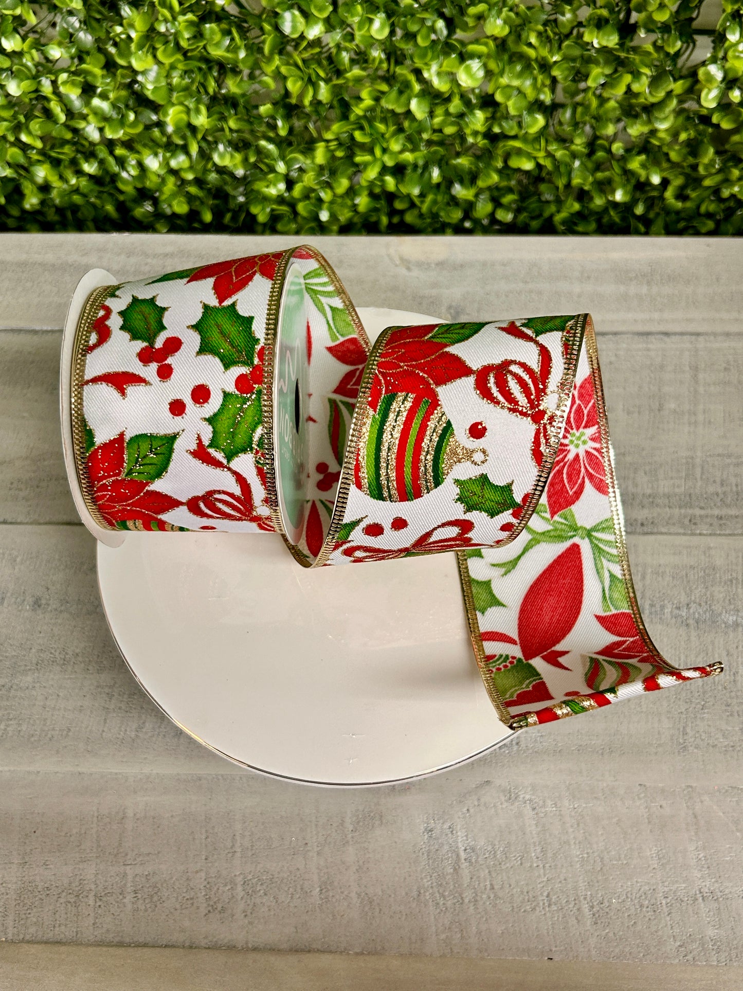 2.5 Inch By 10 Yard Poinsettia And Ornaments Ribbon