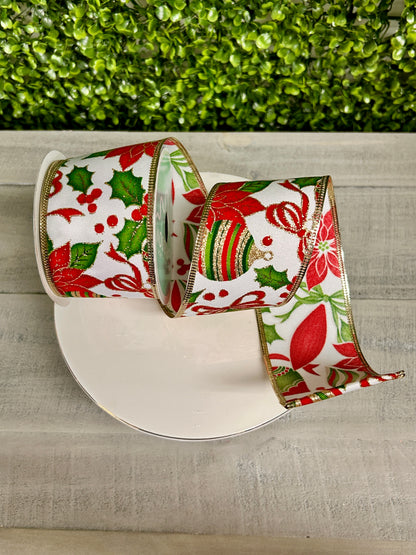 2.5 Inch By 10 Yard Poinsettia And Ornaments Ribbon