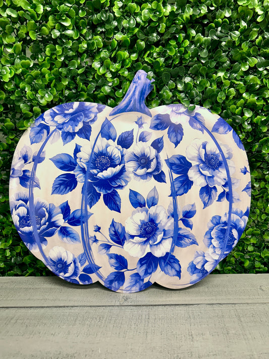 12 Inch Blue And White Chinoiserie Pumpkin Sign