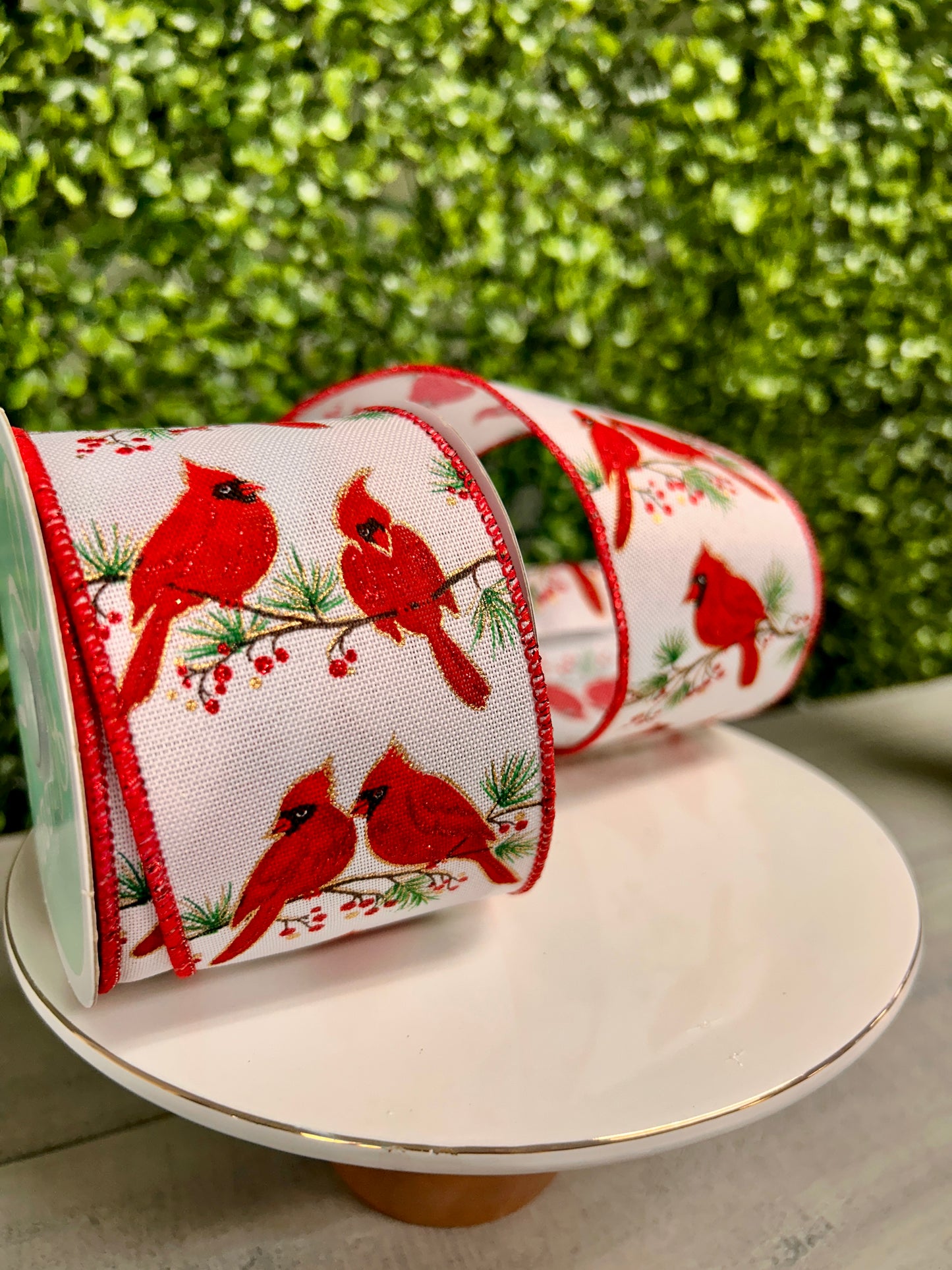 2.5 Inch By 10 Yard Cardinals On Branch On White Royal Ribbon