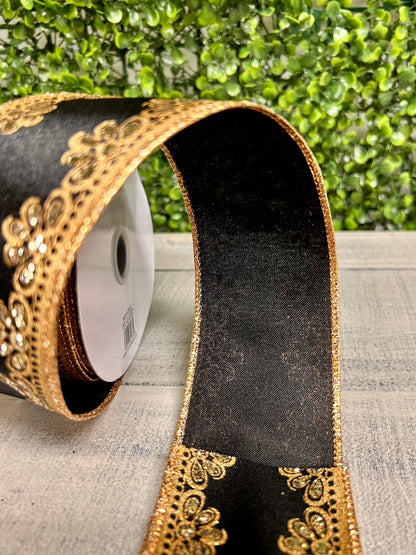 2.5 Inch By 10 Yard Black Gold And Champagne Lux Scallop Trim Ribbon
