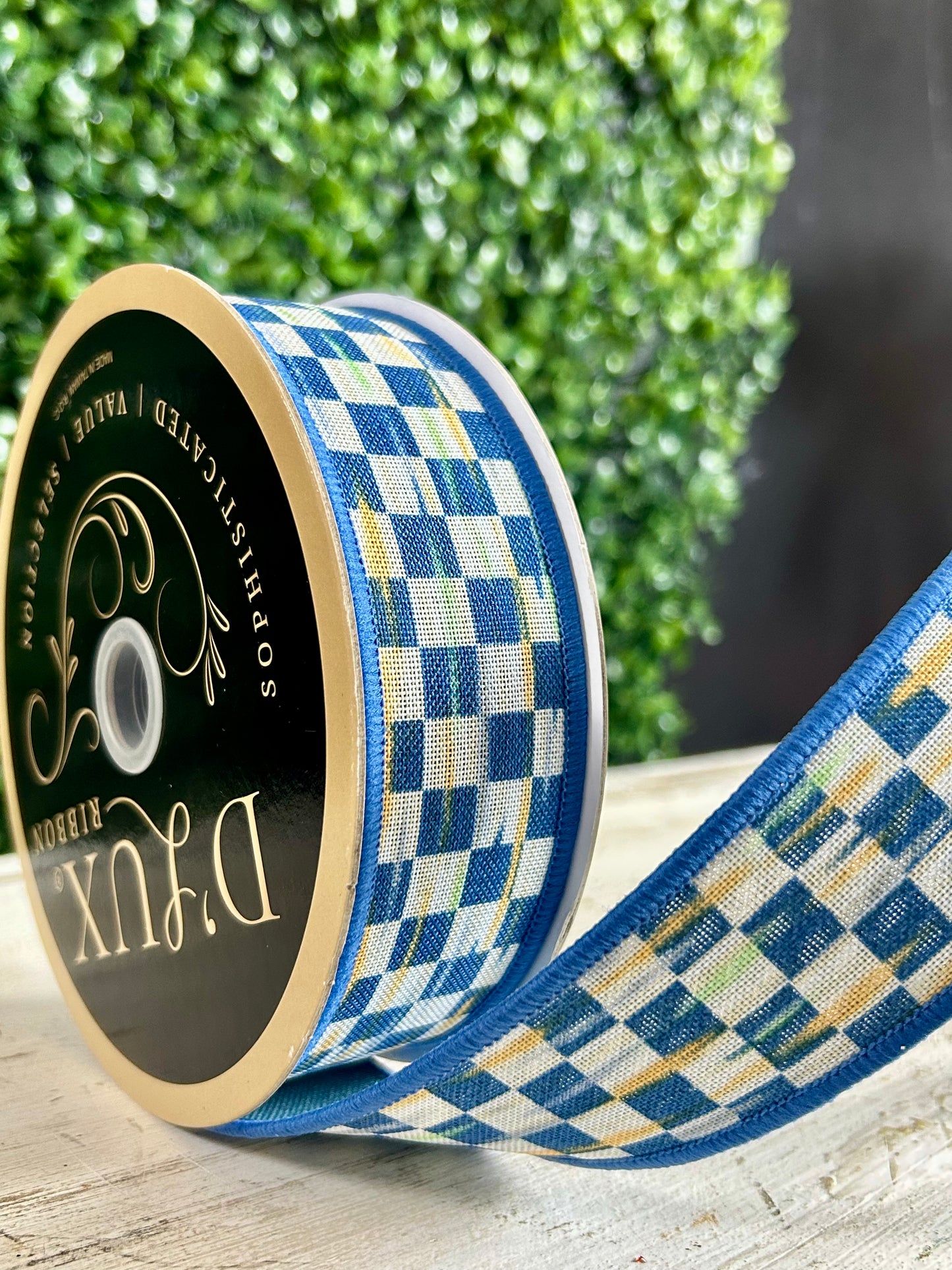 1.5 Inch By 10 Yard Beige And Blue Mini Antique Checkerboard Fused Ribbon