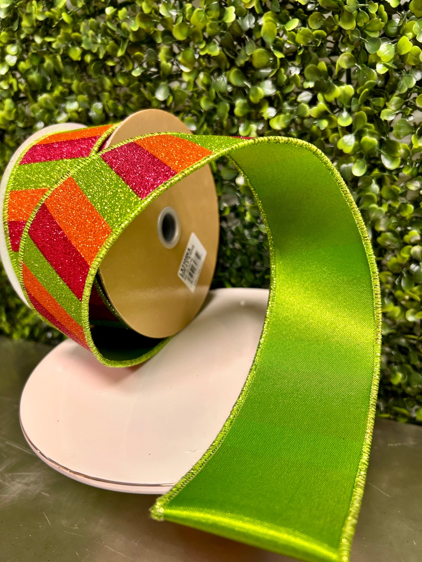 2.5 Inch By 10 Yard Hot Pink Orange And Lime Glitter Stripe Fused Ribbon