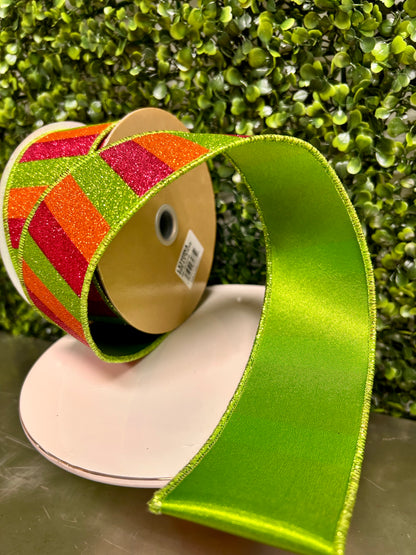 2.5 Inch By 10 Yard Hot Pink Orange And Lime Glitter Stripe Fused Ribbon